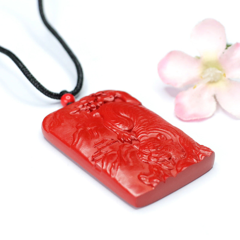 Luxurious Sterling Silver Cinnabar Tiger Rectangle Pendant