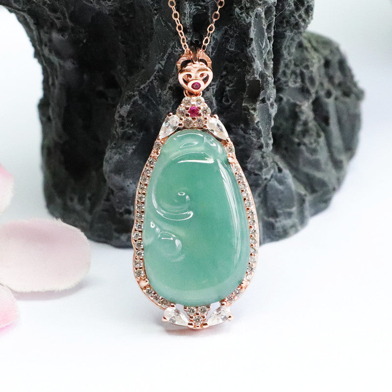 Ice Blue Green Ruyi Sterling Silver Necklace with Natural Jade