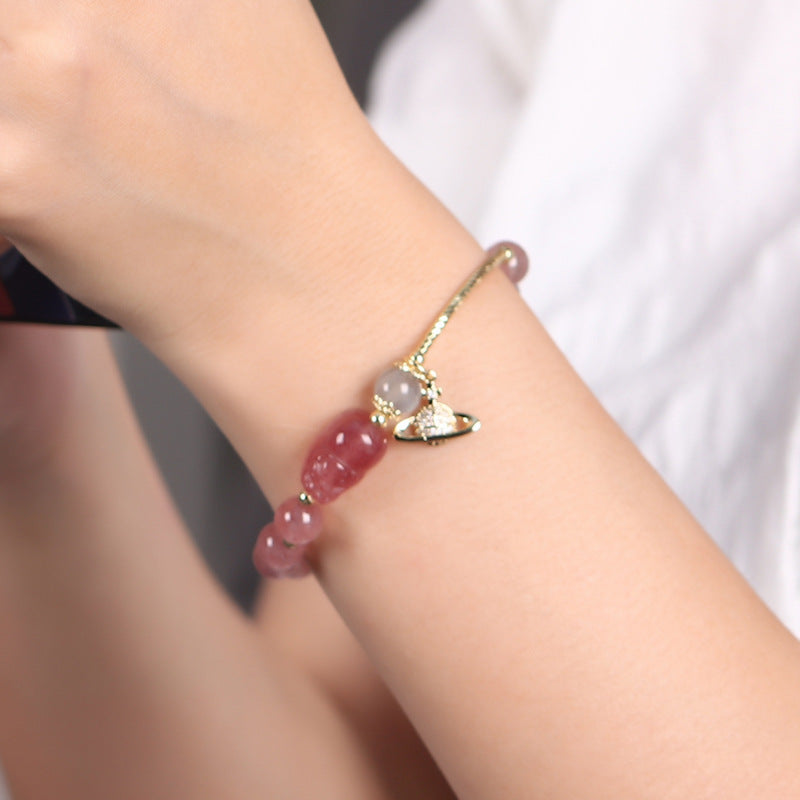 Strawberry Crystal Pixiu Bracelet - Sterling Silver, Female Skill, Peach Blossom Design