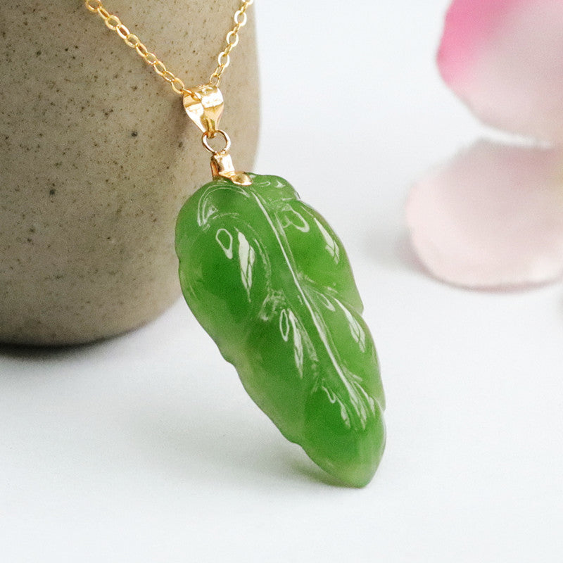 Jade Leaf Pendant Necklace in Russian Green Hotan Jade