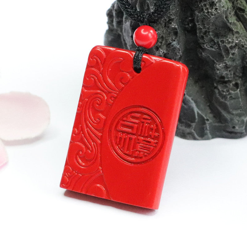 Fortune's Favor Sterling Silver Cinnabar Stone Pendant with Auspicious Ruyi Motif