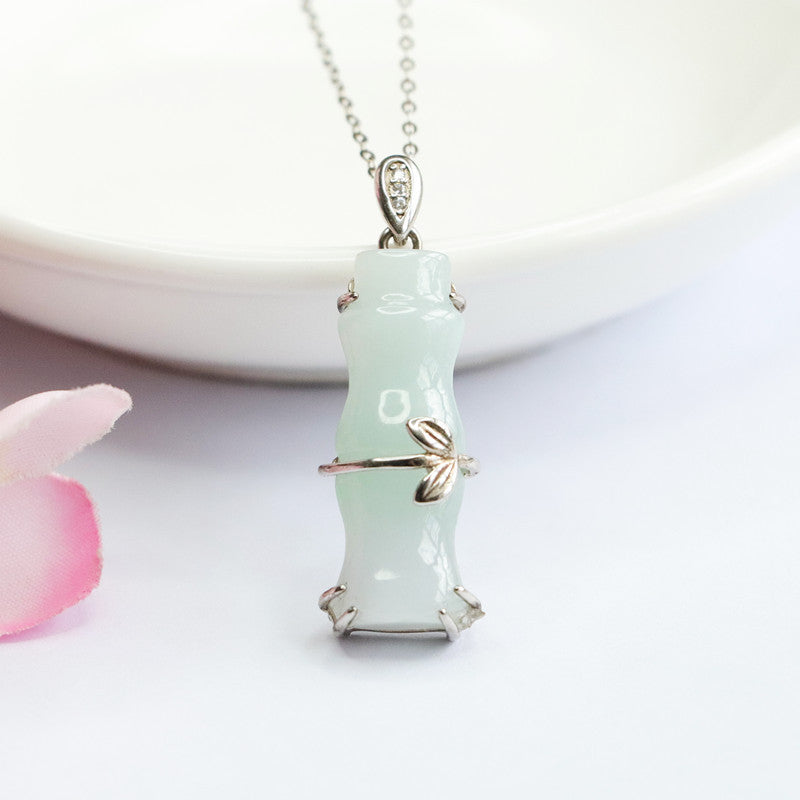 Bamboo Necklace with Natural Jade Pendant in Sterling Silver