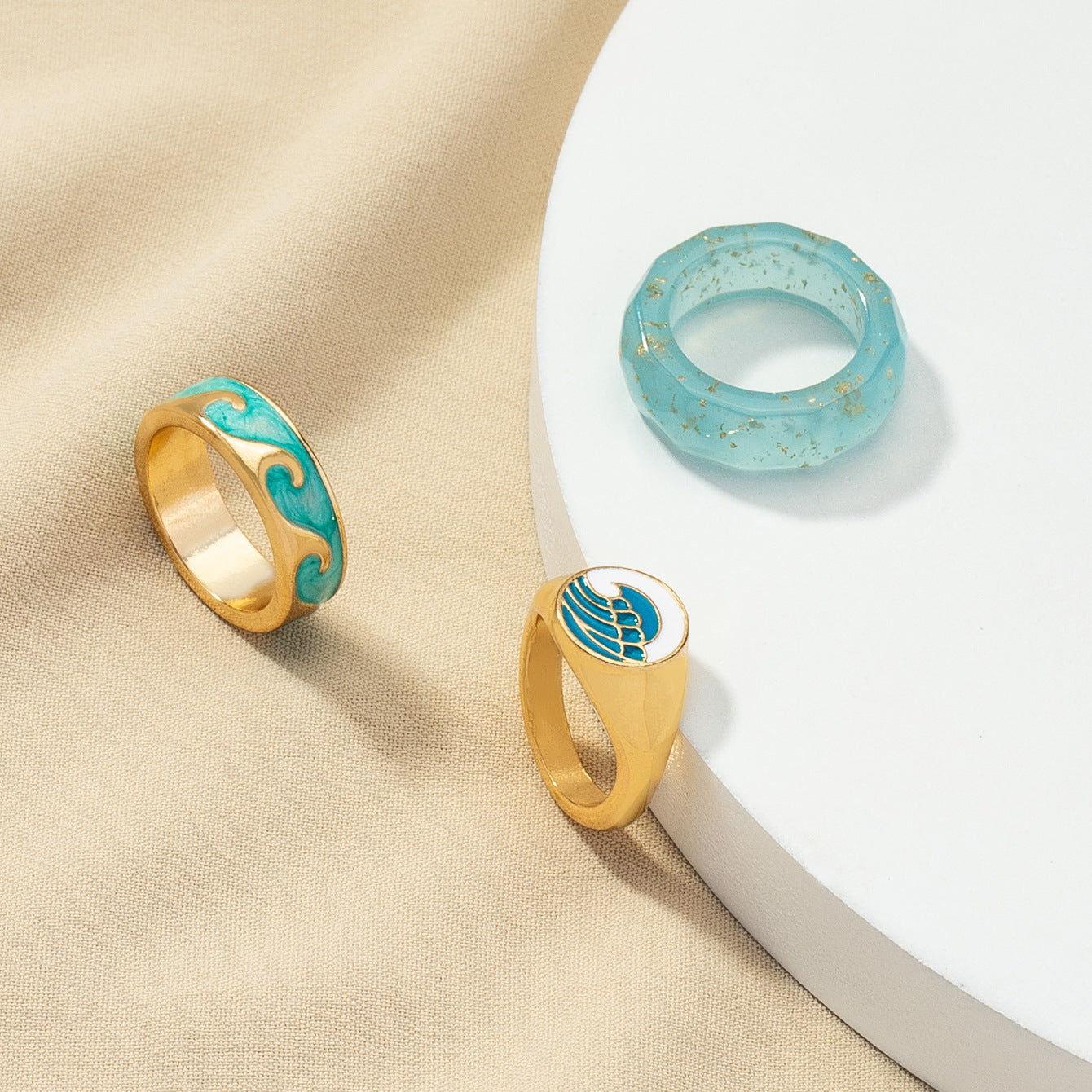 Blue Embroidery Fishline Ring Set with 3 Wave Rings