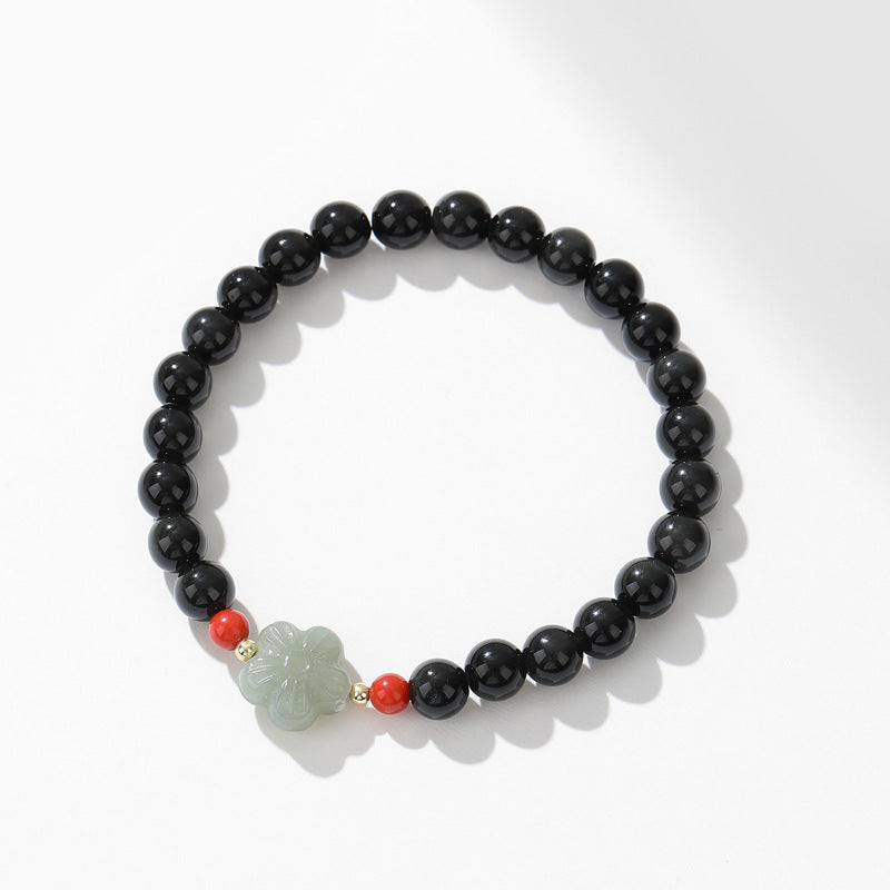 Obsidian Sakura Beaded Bracelet for Men and Women with Sterling Silver Details