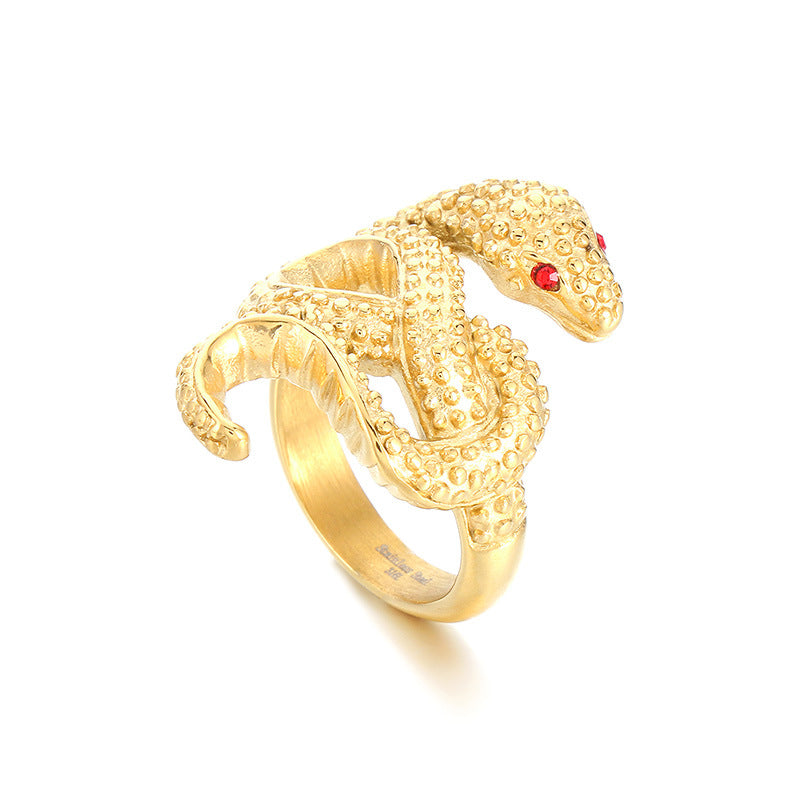 Retro Snake Design Men's Titanium Steel Ring with Red Eyes - Exaggerated Winding Style