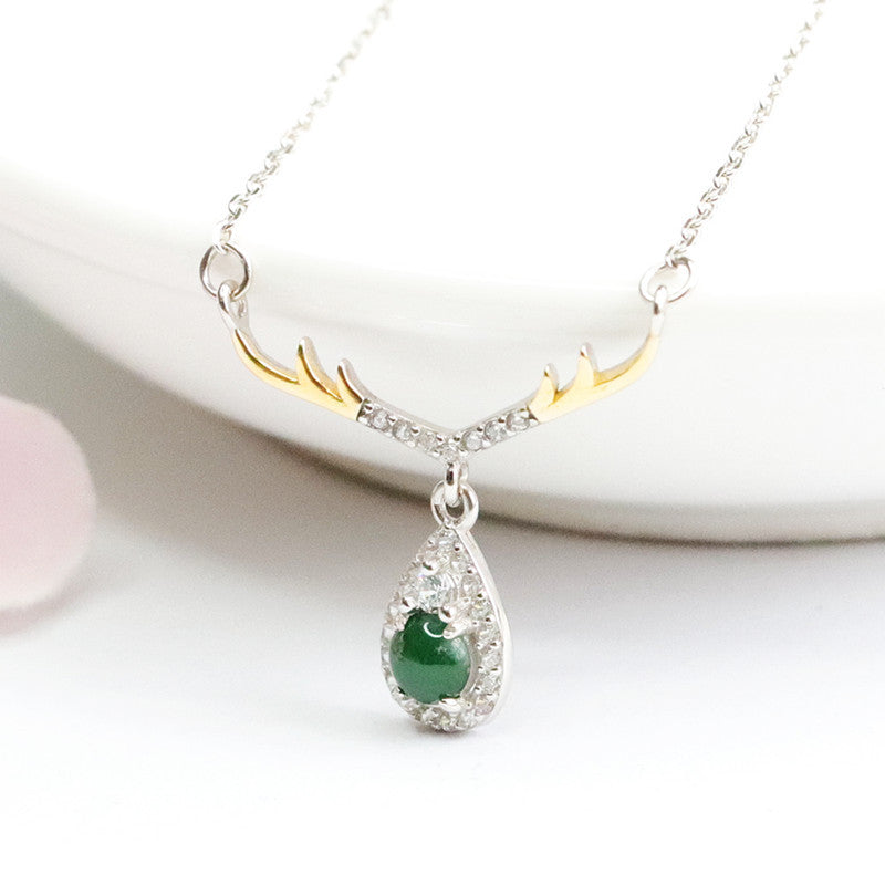 S925 Sterling Silver Elegant Water Drop Deer Necklace with Natural Ice Emperor Green Jadeite