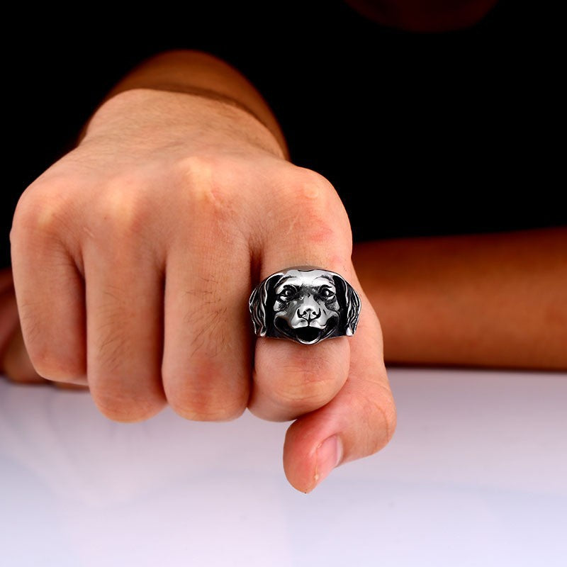 Retro Golden Retriever Head Titanium Steel Ring for Men - Edgy Punk Style, Sizes 7-13