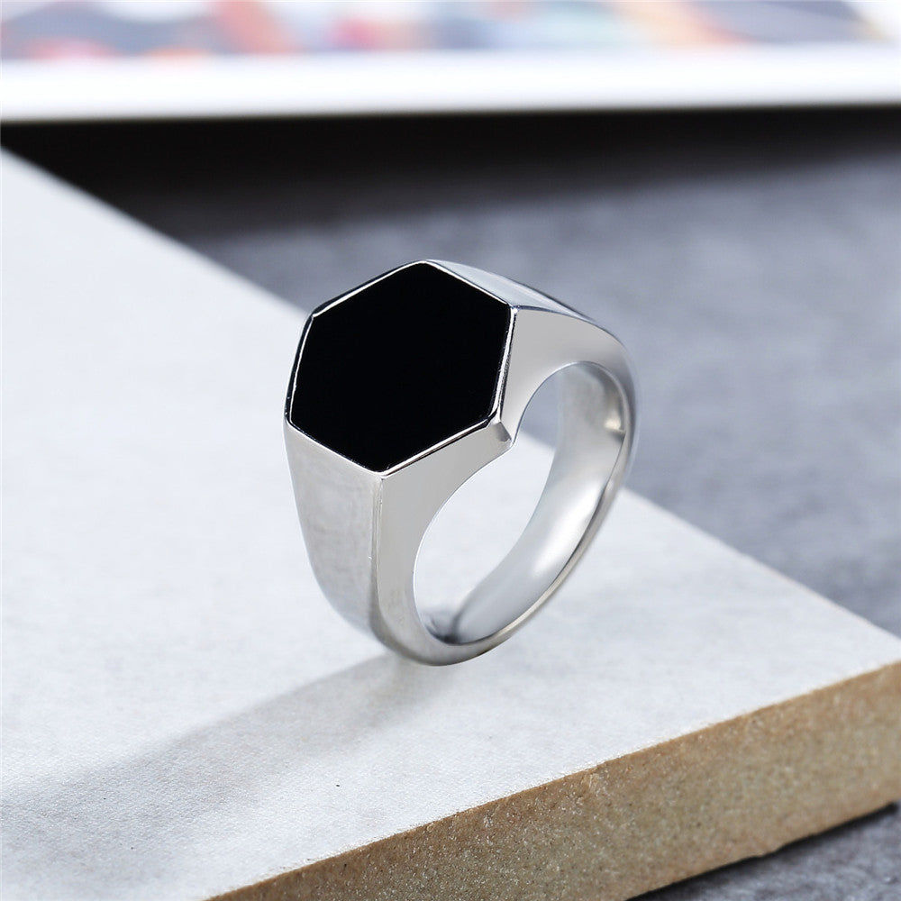 Stylish Stainless Steel Men's Ring with Hexagonal Black Drip Design