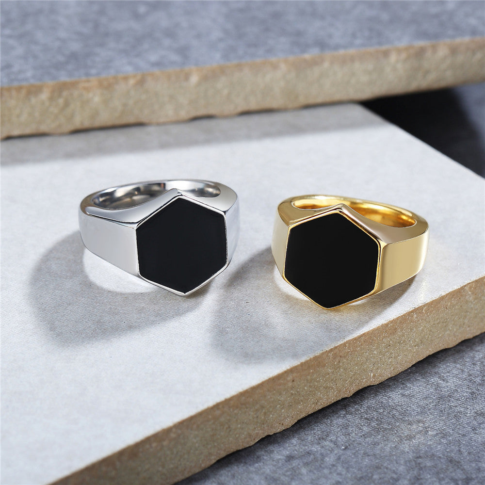 Stylish Stainless Steel Men's Ring with Hexagonal Black Drip Design