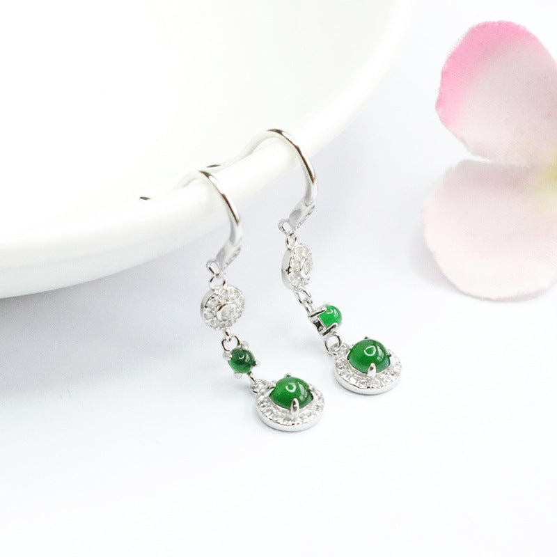 Dangle Earrings with Genuine Ice Green Jadeite Tassels