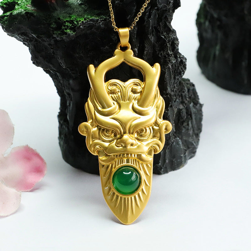 Green Chalcedony Dragon Pendant With Sterling Silver Head