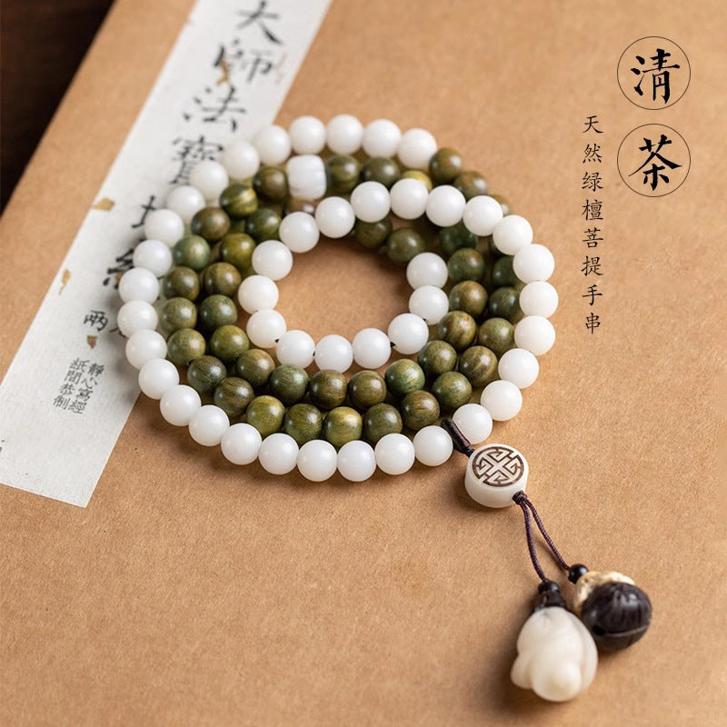 Ethnic Elegance: Double Circle White Jade and Green Sandalwood Retro Sweater Chain