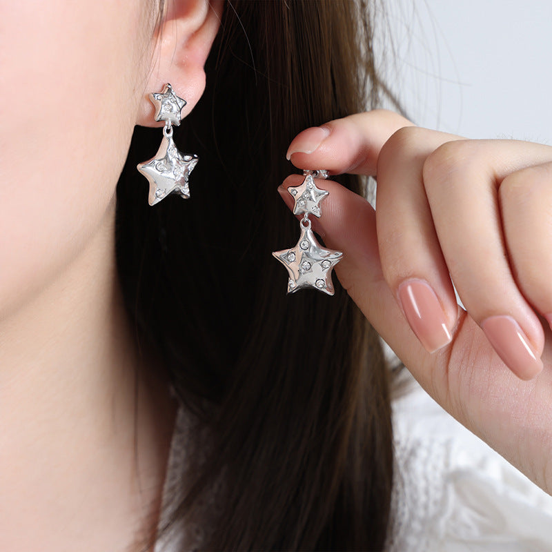 Luxury Pentagonal Star Zircon Earrings in Titanium Steel