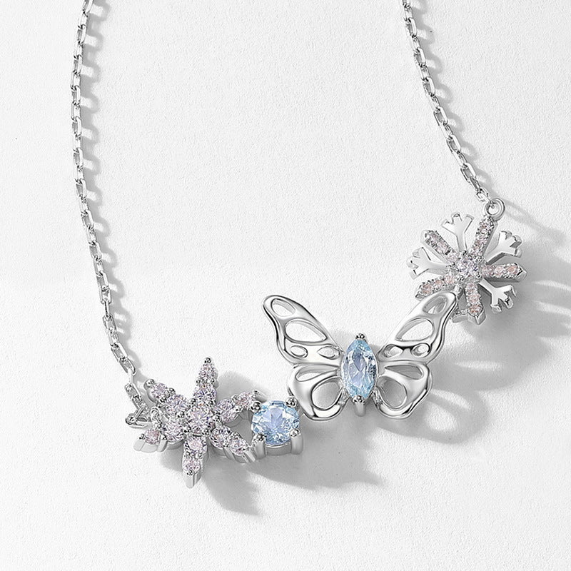 Hollow Butterfly Zircon Snowflake Sterling Silver Necklace