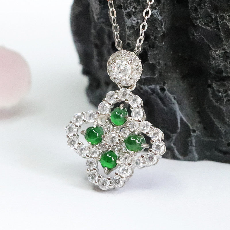 Imperial Green Jade Four-Leaf Clover Necklace with Zircon Accents in Sterling Silver