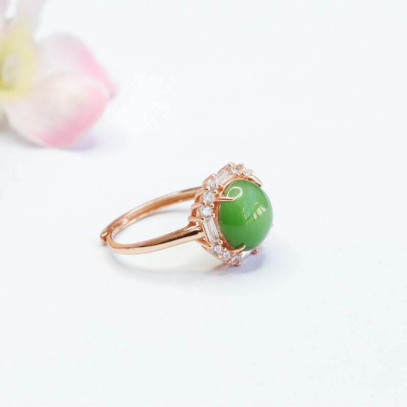 Hetian Jade and Jasper Silver Ring with Zircon Accents