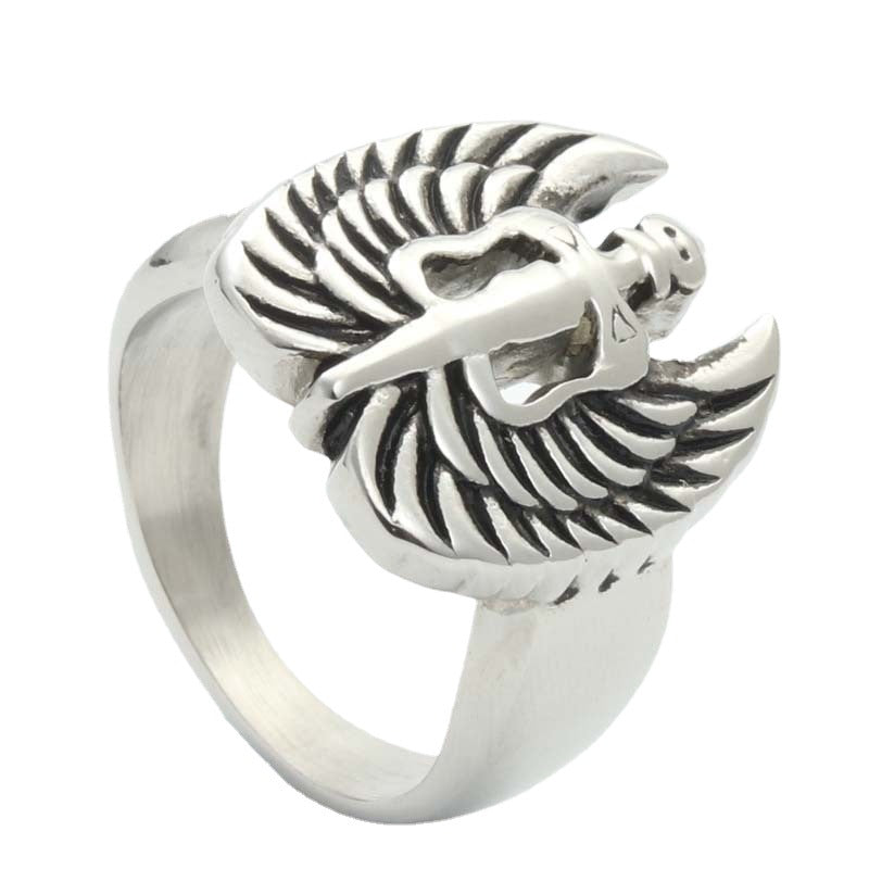 Titanium Steel Wing Cross Sword Ring for Men - Retro Punk Jewelry Direct from Manufacturer