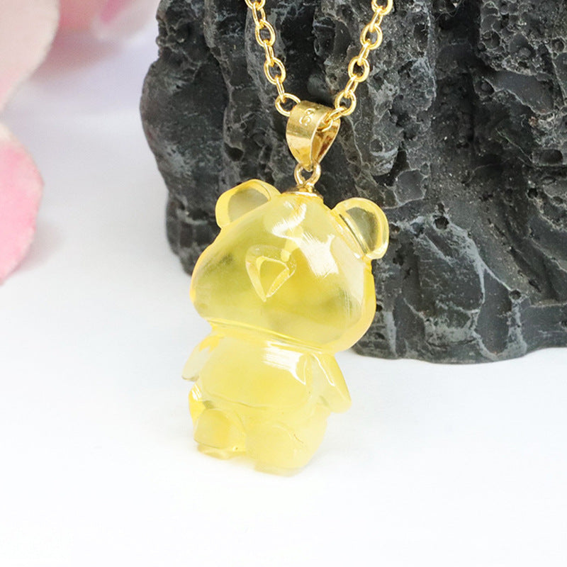 Golden Amber Bear Sterling Silver Necklace