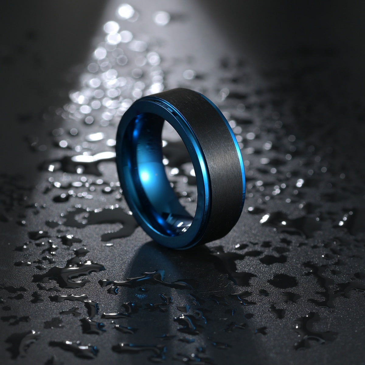 Men's Custom Tungsten Carbide Ring - Black & Blue Electroplated - Wholesale Jewelry