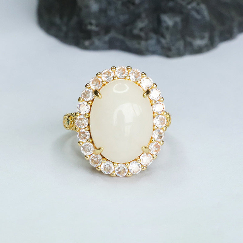 Jade Ring with White Jade and Zircon Gemstones