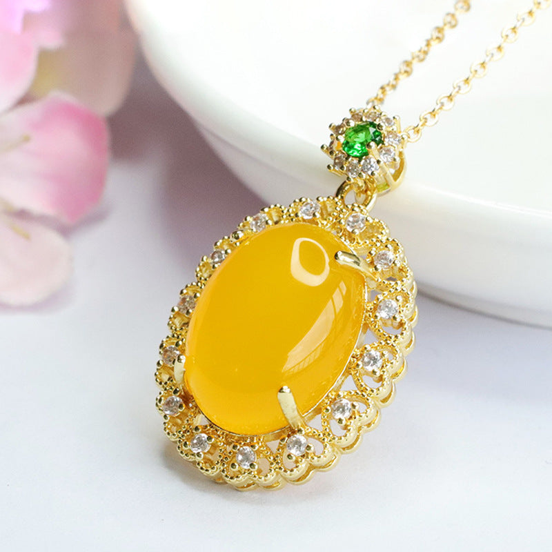 Pigeon Egg Yellow Agate Chalcedony Hollow Love Zircon Pendant