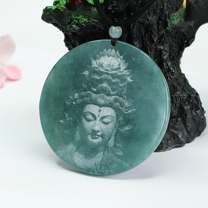 Carved Green Jade Guanyin Round Pendant