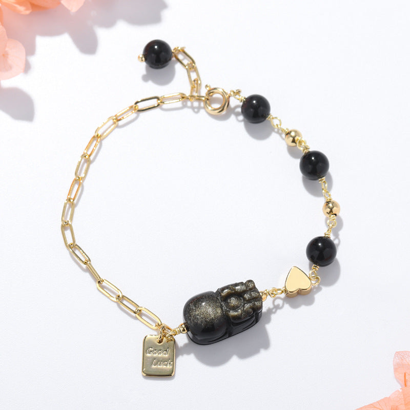 Natural Obsidian Pixiu Wealth Attracting Sterling Silver Bracelet