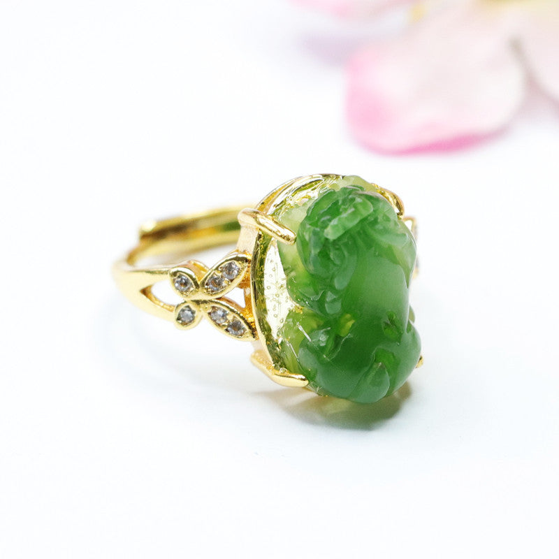 Fortune's Favor Sterling Silver Pixiu Ring with Hetian Jade Gem