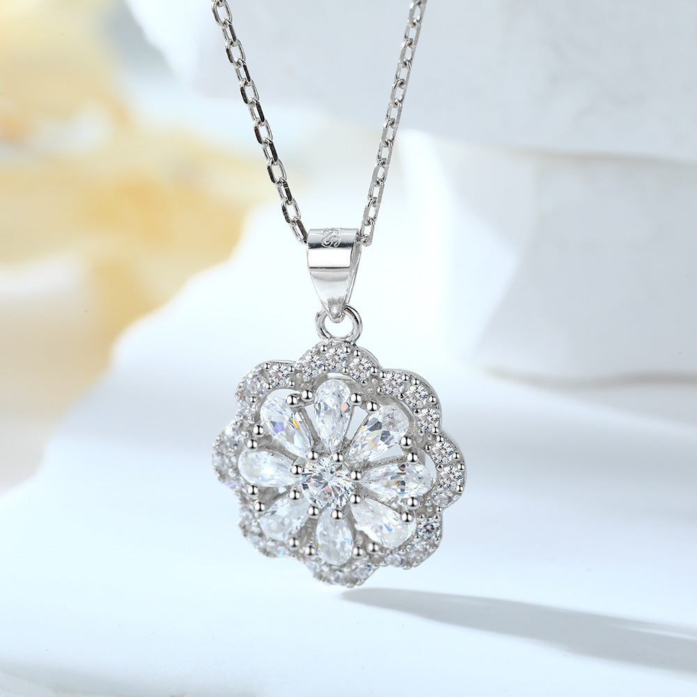 Full Zircon Flower Pendant Sterling Silver Necklace