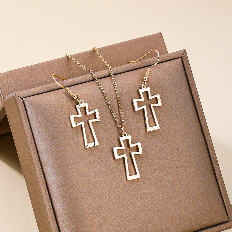 Bohemian Hollow Cross Necklace and Earrings Set with European Charm