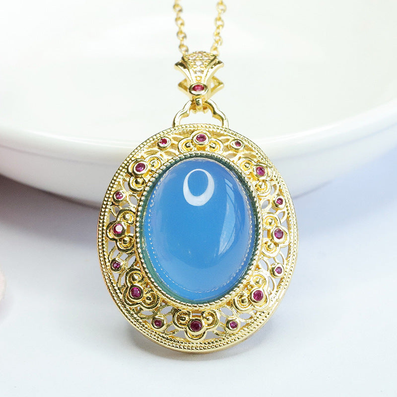 Oval Blue Chalcedony Hollow Vintage Zircon Pendant