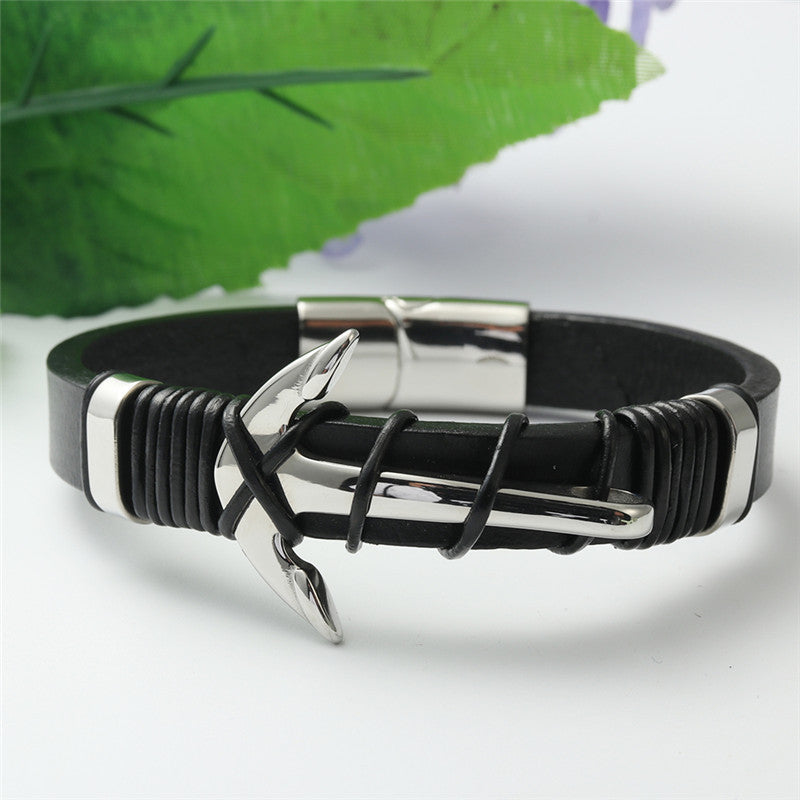 Titanium Steel Nautical Hook Leather Bracelet for Men – Edgy Woven Design