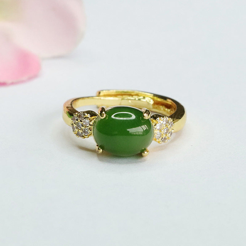 Beautiful Fortune's Favor Jade and Zircon Ring with Spinach Green Jasper