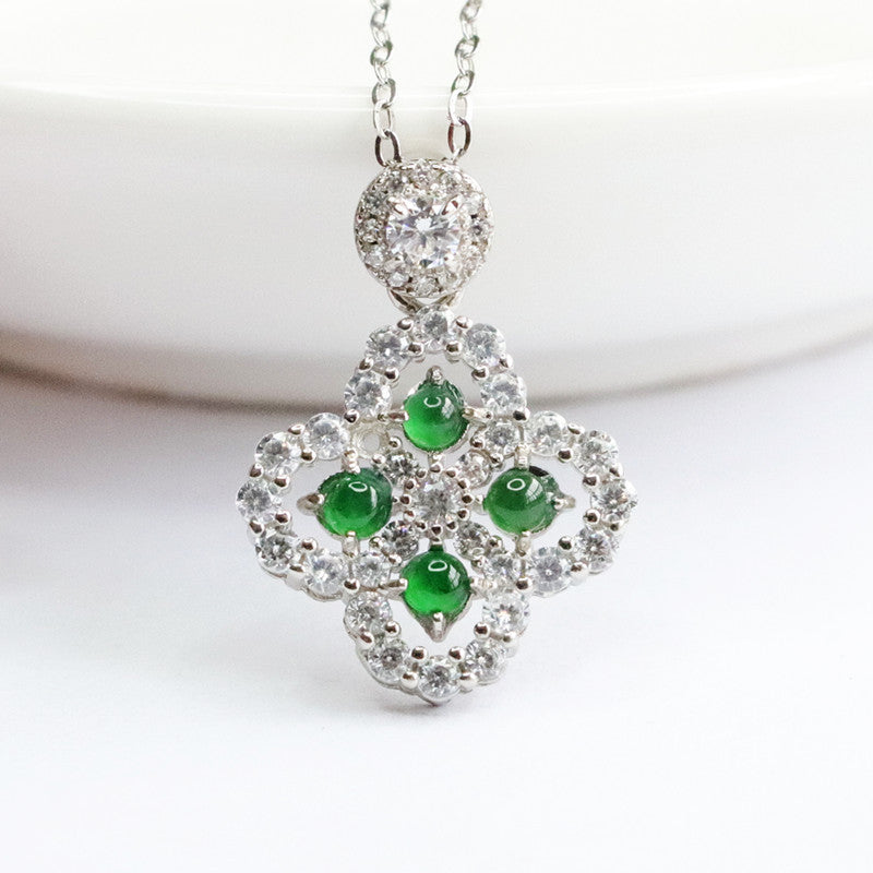 Imperial Green Jade Four-Leaf Clover Necklace with Zircon Accents in Sterling Silver