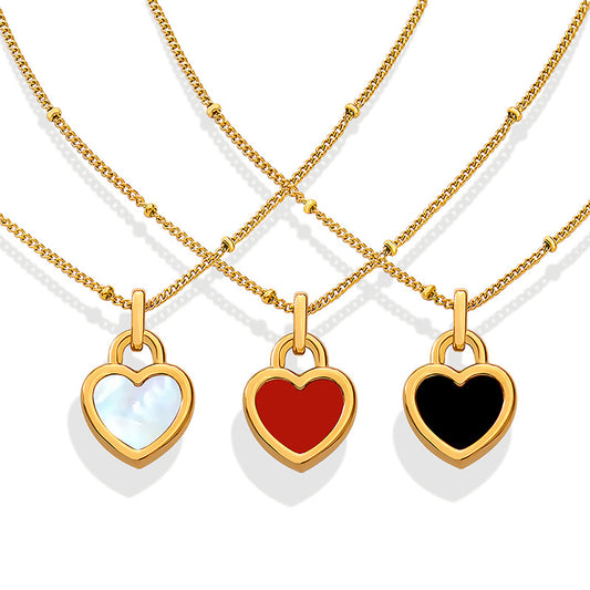 Cream Sweet Style Double-Sided Peach Heart Pendant Necklace with Gold-Plated Seashell Inlay