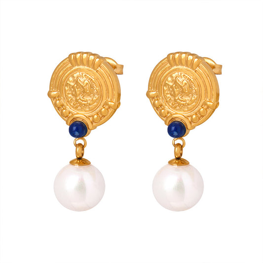 Elegant French Court Inspired Titanium Steel Gold-Plated Earrings with Bluestone Pearl Pendant