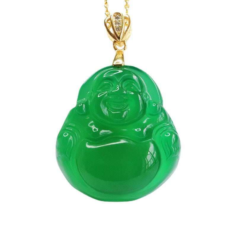 Buddha Pendant Golden Necklace with Natural Green Chalcedony in Sterling Silver