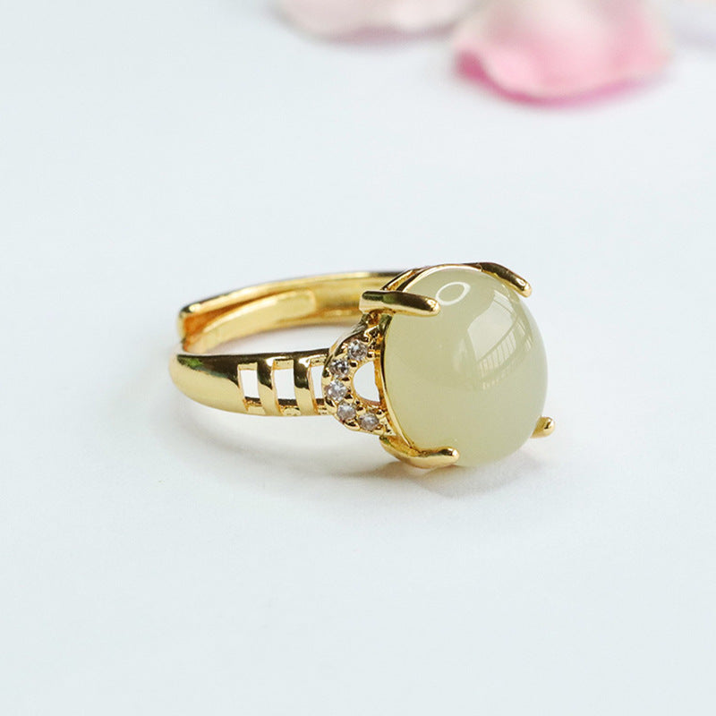 Elegant Sterling Silver Ring with Natural Hetian Jade and Zircon Embellishments