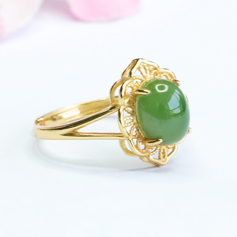 Fortune's Favor S925 Silver Hotan Jade Jasper Hollow Flower Split Shank Ring