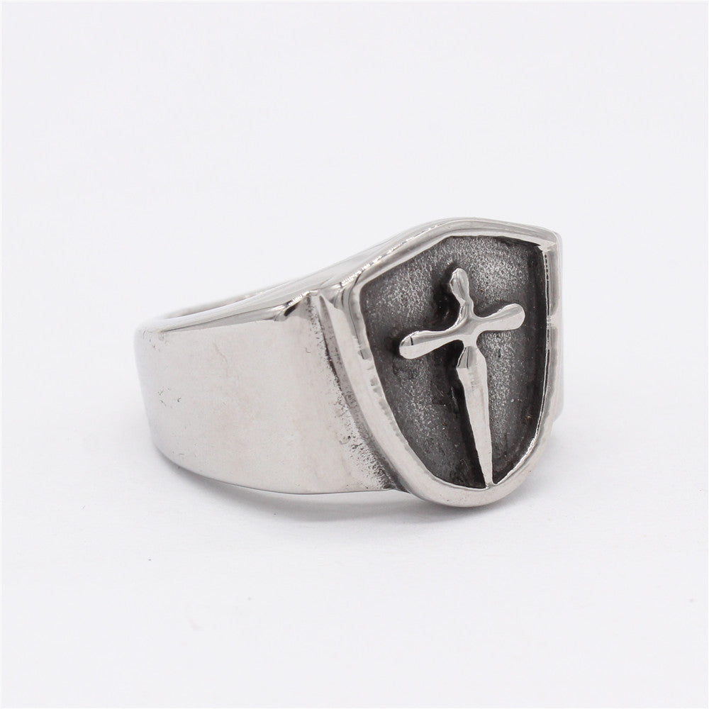 Crucifix Shield Polished Titanium Steel Ring for Men