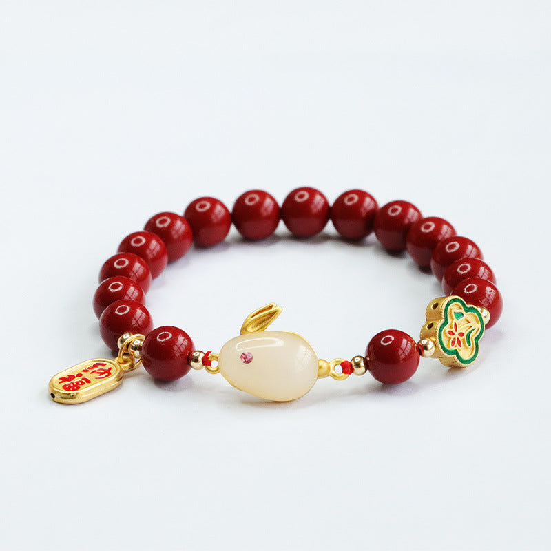 Rabbit Jade and Cinnabar Sterling Silver Bracelet