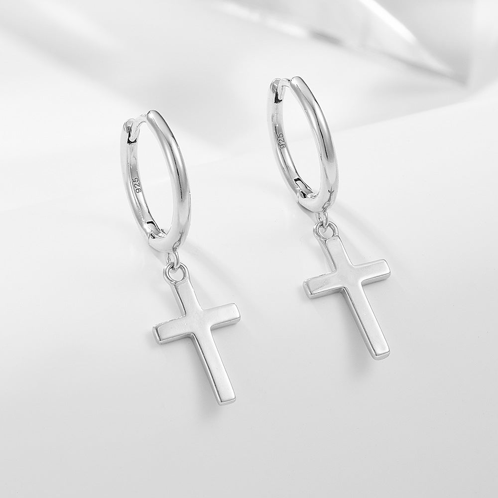 Polished Latin Cross Pendant Sterling Silver Hoop Earrings