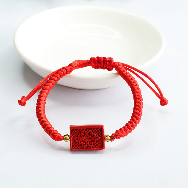 Red Sand Cinnabar Chinese Knot Bracelet with Sterling Silver Decor