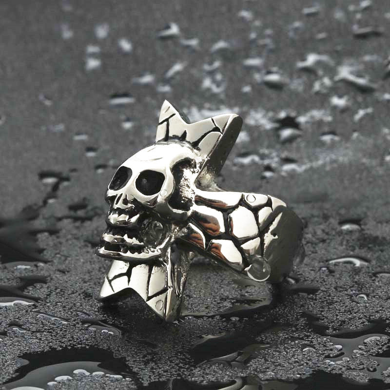 Titanium Steel Retro Cross Ring with Ghost Head Detail for Men - Edgy Punk Jewelry