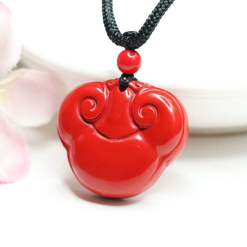 Red Sand Ruyi Auspicious Cloud Sterling Silver Pendant with Cinnabar Stone