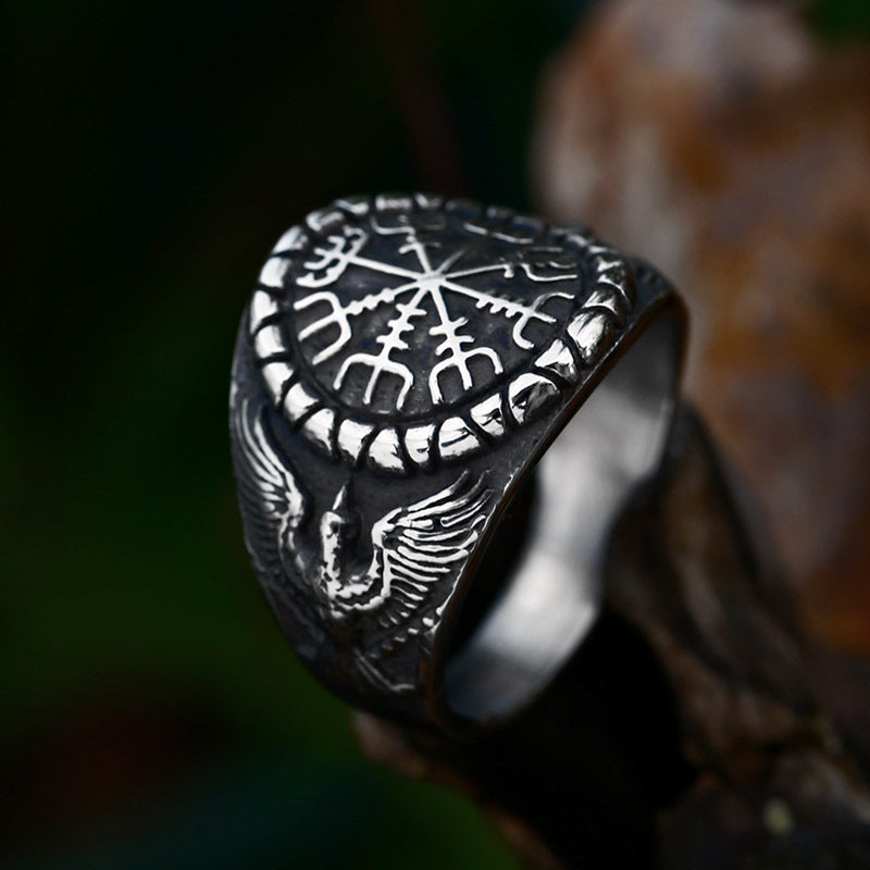 Wholesale Viking Rune Stainless Steel Ring for Men - Retro Titanium Steel Double Crow Design, Sizes 7-13