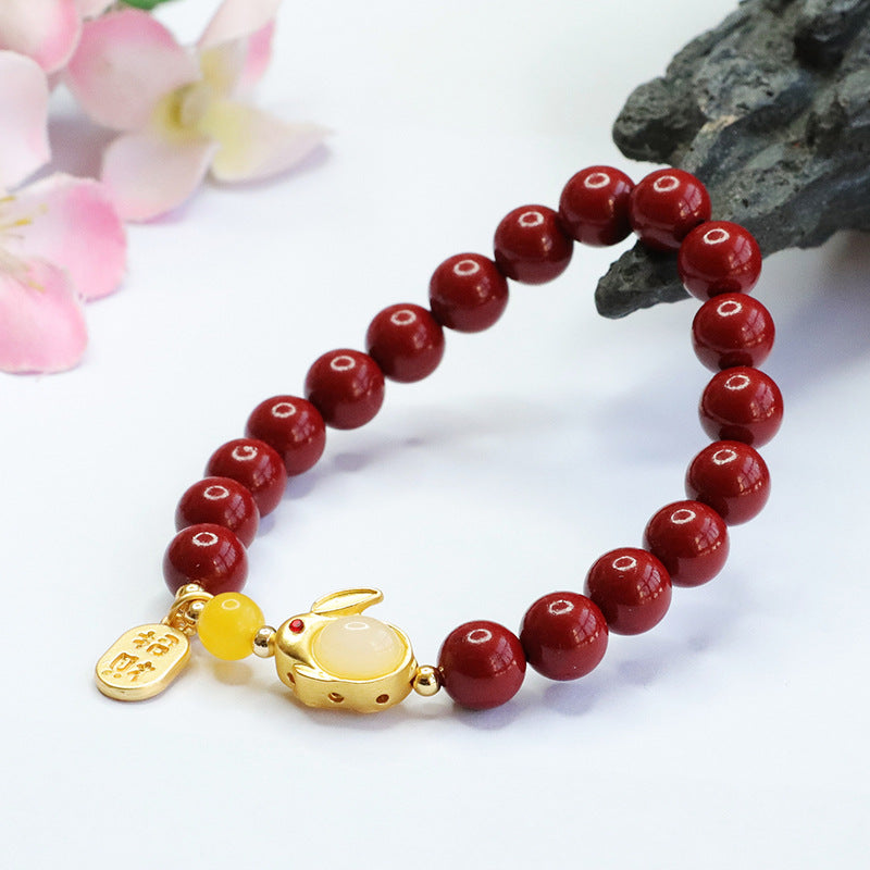 Purple Gold Sand Rabbit Blessing Sterling Silver Cinnabar Stone Bracelet