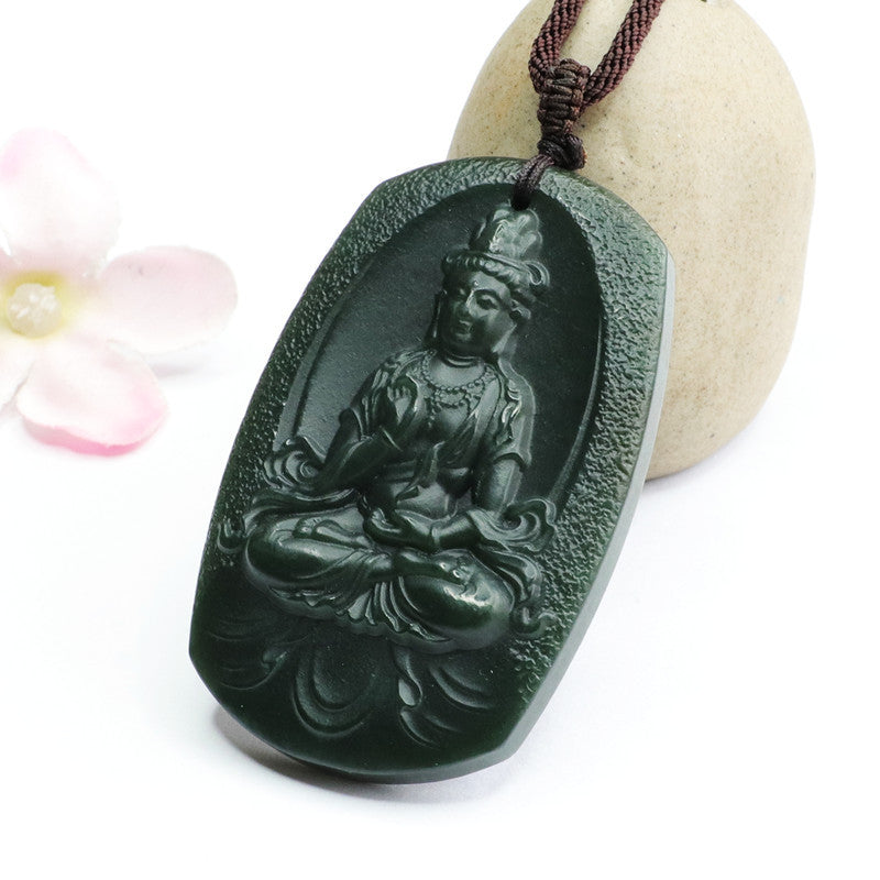 Blackish Green Natural Hotan Jade Bodhisattva Necklace