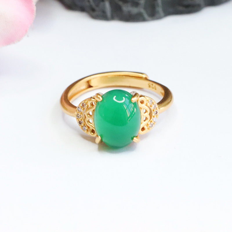 Ethnic Style Hollow Ruyi Ring with Green Chalcedony Zircon Ice Emperor Touch