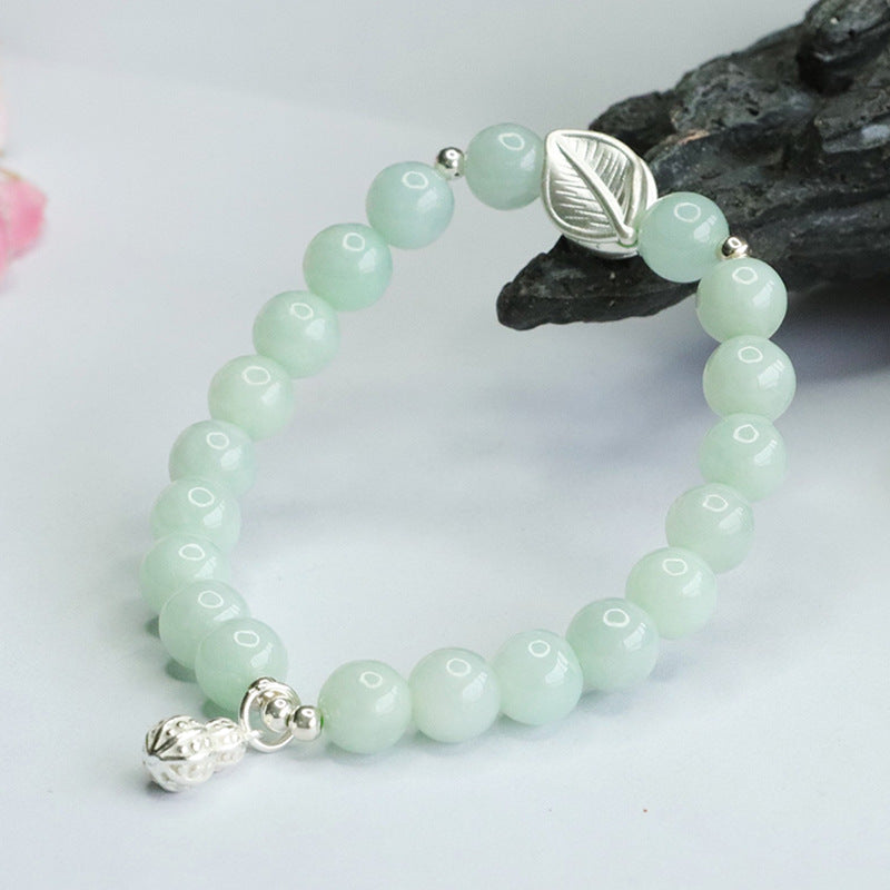 Fortune's Favor Sterling Silver Jade Bracelet with Peanut Leaf Design